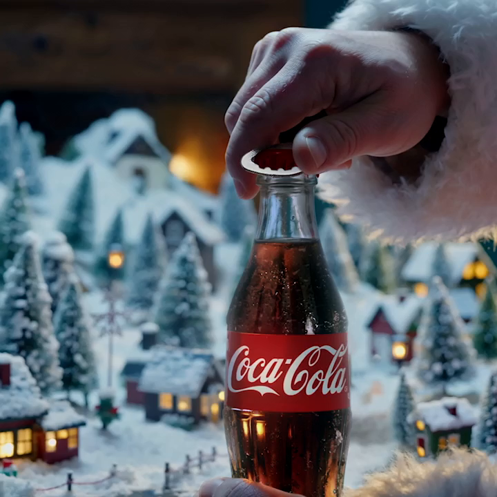 Een hand opent een rood Coca-Cola blikje. Daarna verschijnt een kleine speelgoedvrachtwagen, gevolgd door een grote echte Coca-Cola truck die door beeld rijdt. Vervolgens staan er twee kleurrijke eenhoorns in beeld, daarna een versierde kerstboom met lichtjes. Het Coca-Cola logo verschijnt prominent. Op de achtergrond klinkt gezang van de slogan "Always Coca-Cola".