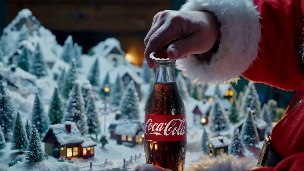 Mâna lui Moș Crăciun deschide o sticlă de Coca-Cola