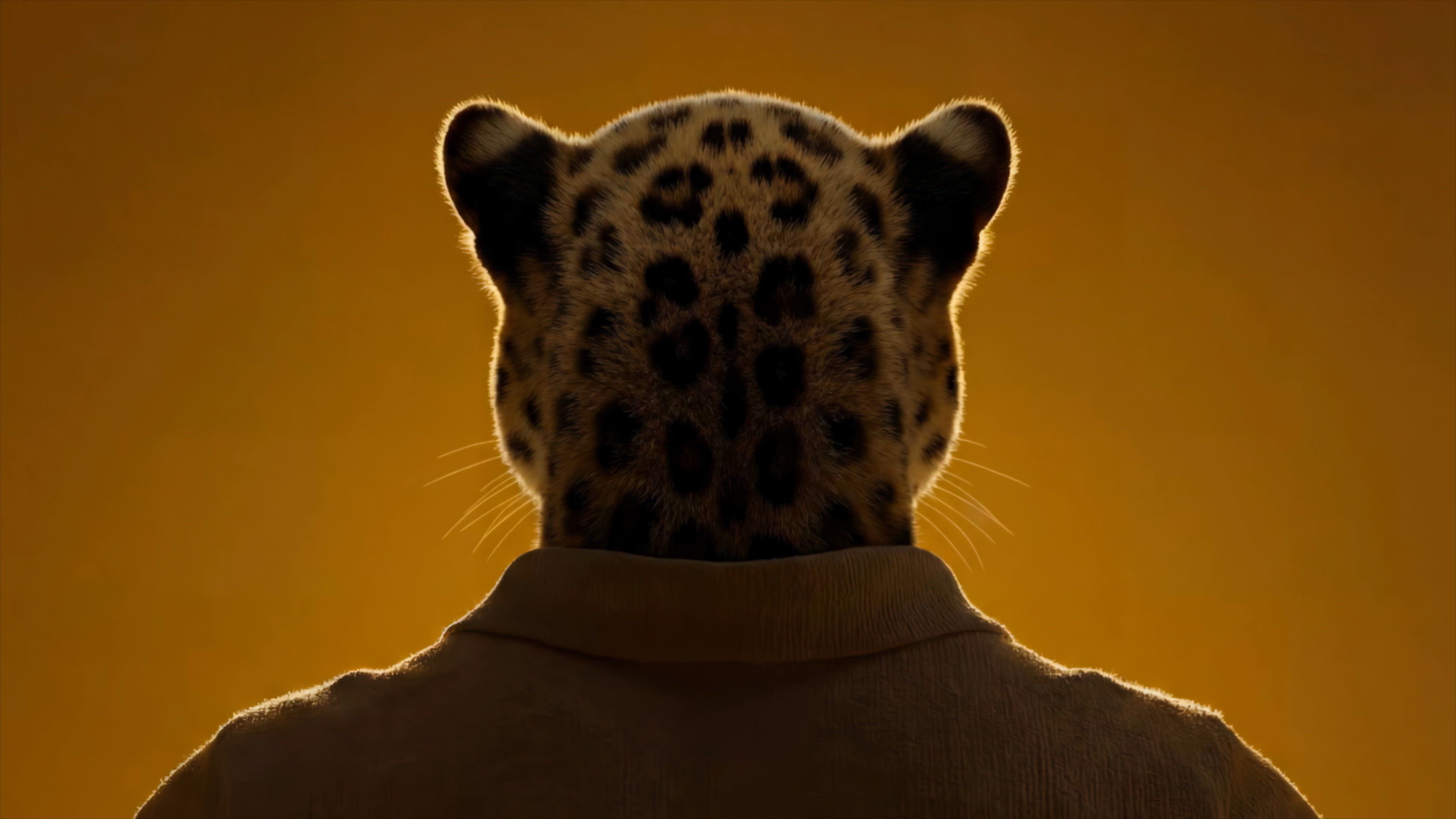 Vaizdo miniatiūra: iš nugaros matomas humanoidas su leopardo galva, vilkintis švarką, šiltas auksinis fonas ir centre esantis paleidimo mygtukas.